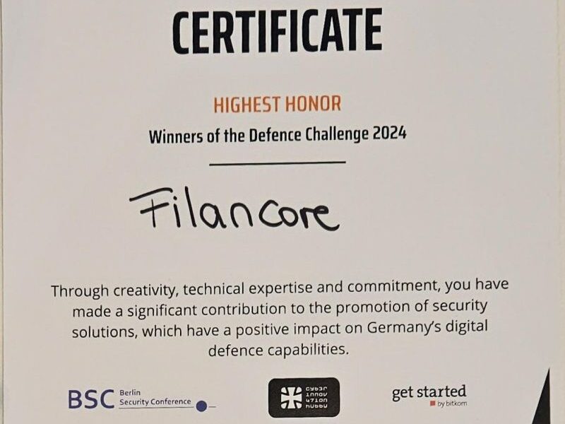 filancore's winning certificate of BSC 2024 for signifcant contribution to the promotion of security solutions