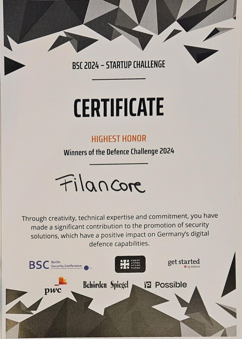filancore's winning certificate of BSC 2024 for signifcant contribution to the promotion of security solutions