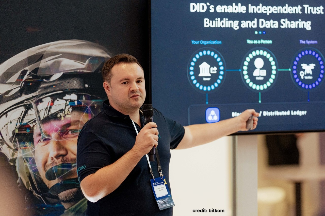 Markus Soppa, CEO filancore, pitches at the Berlin Security Conference about the impact on decentralized identities on cybersecurity in defence sector. Photo credit: bitkom